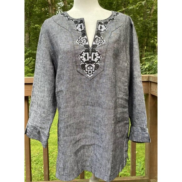 JM Collection Linen Tunic L Black White Embroidered 3/4 Sleeve Resort Boho - Picture 2 of 9